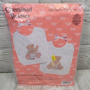 Cherished Teddies Baby Bibs Stamped Cross Stitch‎ Kit Teddy Bear Janlynn Vtg